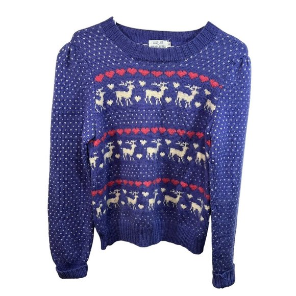 Vtg Salt Air of Marblehead Holiday Sweater Wool Reindeer Hearts Lavender 36 M - Picture 1 of 3